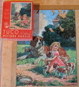 Vintage Puzzle Tuco Mädchen mit Bernhardiner Welpen 16x20 320 - Bild 1 von 14