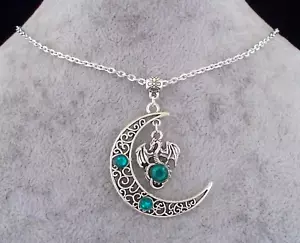 Tibetan Silver Crescent Moon & Dragon With Green Glass Diamante, Necklace. - Picture 1 of 6