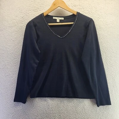 Debbie Morgan Jeweled V Neck Shirt Womens Medium Black Cotton Long Sleeve - Image 1 of 4