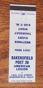 FRATERNAL AMERICAN LEGION MATCHBOOK COVER: BAKERSFIELD, CA EMPTY MATCHCOVER -B9 - Bild 1 von 1