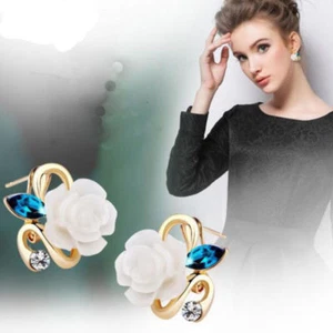 Elegant Rhinestone Blue, Crystal Rose Flower Earrings Luxury Ear Clip Stud Women - Foto 1 di 6