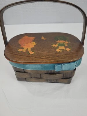 Vintage 60's Lined Wooden Basket Purse Decoupage Lid Velvet Trim  - Image 1 of 4