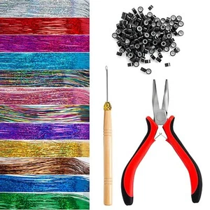 12 Colors Tinsel Hair Extensions Kit Silicone Buckles,Pliers,and Crochet Hooks - Picture 1 of 1