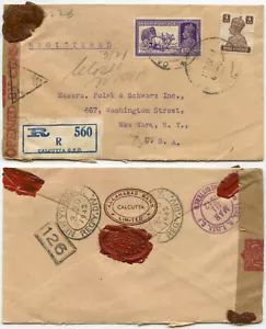 INDIA WW2 CENSOR TRIANGULAR on BANK ENV + WAX SEALS 1942 REGISTERED to USA - Picture 1 of 1