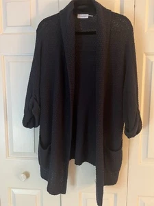 Calvin Klein Navy Blue Open Weave 3/4 sleeve Cardigan Sweater One Size Mid Lengt - Picture 1 of 10