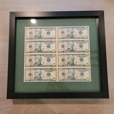 4 Framed Uncut Currency Sheets: $1, $2, $5 & $10 - Wood Frame and Glass - Image 1 of 4