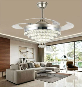 42" Modern Crystal LED Chandelier Remote Invisible Ceiling Fans 3-Color Lights - Picture 1 of 12