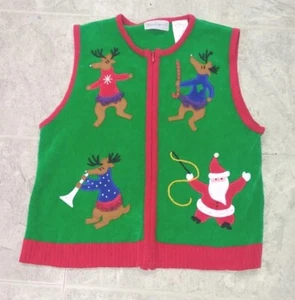 Vntg BellePointe Ugly Christmas Sweater Vest Womens Size M Or L Santa Reindeer - Picture 1 of 9