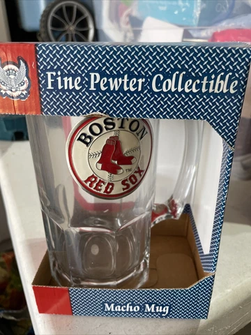 Vintage BOSTON RED SOX MLB Macho Mug Beer Glass With Pewter emblem 32oz Cover