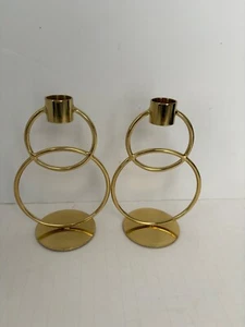 Neu mit Etikett 2er Set acht Stimmungsschleifer Messing Kerzenständer modern glänzend 6,5" hoch Kreis - Bild 1 von 5