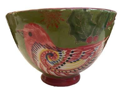 Kate McRostie Handpainted Ceramic Bowl Dish Bird & Holly Creative Co-Op Holiday - Image 1 of 4