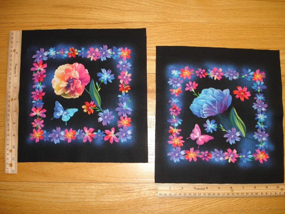 Bloques de tela de edredón de algodón (2) flores luminosas mariposas azules amarillos (D) Foto 1 de 1