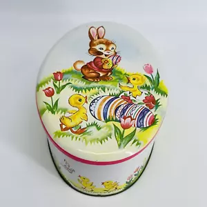 VINTAGE DAHER ENGLAND OSTERN HASE KANINCHEN BABY KÜKEN OVALE METALLFANGDOSE - Bild 1 von 12