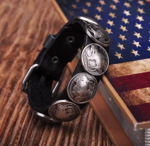 Pulsera negra genial de cinco centavos con tachuelas de cuero de búfalo para hombre - Imagen 1 de 7