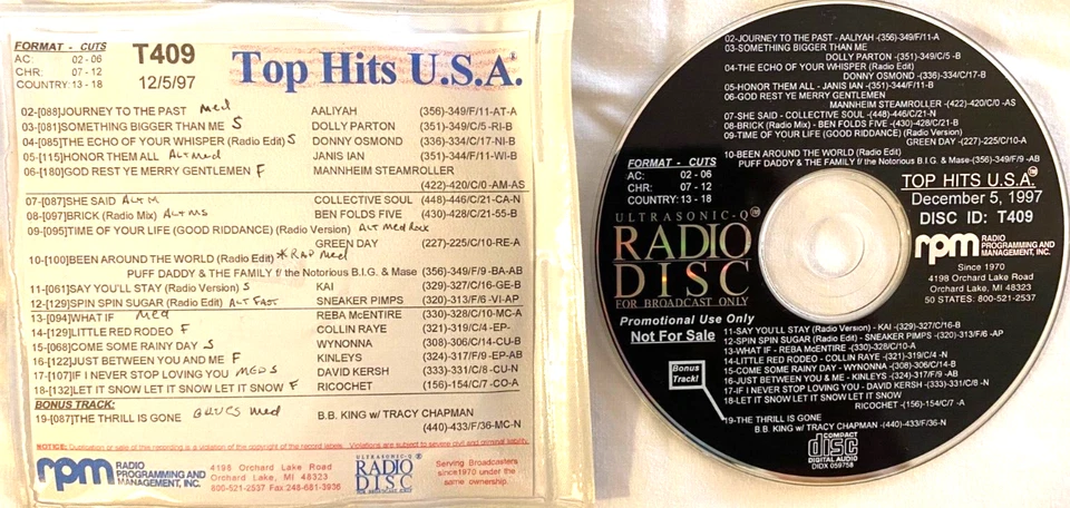 12/5/97 TOP HITS USA DIGITAL RADIO PROGRAMMING, 19 TRACKS FROM AC/CHR/COUNTRY - Image 1 of 1