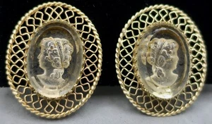 Vintage Whiting & Davis Intaglio Lemon Yellow Glass Cameo 1" Clip Earrings - Picture 1 of 6