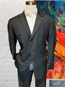 New Hugo Boss 46L 38x37 Raw Hem Dark Charcoal Gray Nailhead Suit Virgin Wool - Picture 1 of 18