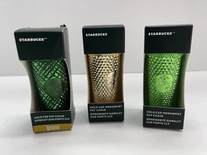 3 Starbuck’s Holiday Green, Gold & Wicked Cold Cups Christmas Ornament Keychains - Picture 1 of 5