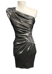 Vestido Jessica McClintock Plata Platino Vintage Un Hombro Lentejuelas Talla 4 - Imagen 1 de 10