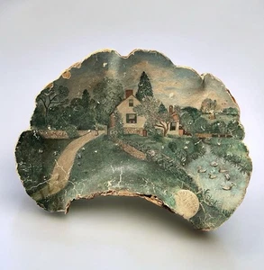 Antico dipinto arte popolare americana su fungo legno 16” Neversink 1908 New York - Foto 1 di 12