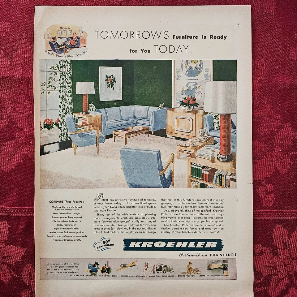 Kroehler Mid-Century Modern Living Room Furniture Vintage Print Ad – 1943 - Image 1 of 1