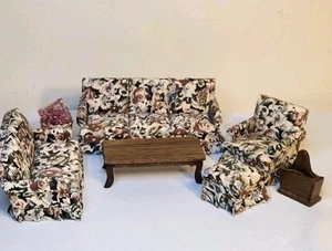 Miniature Dollhouse Upholstered Living Room Furniture With Wooden Coffee Table - Picture 1 of 15