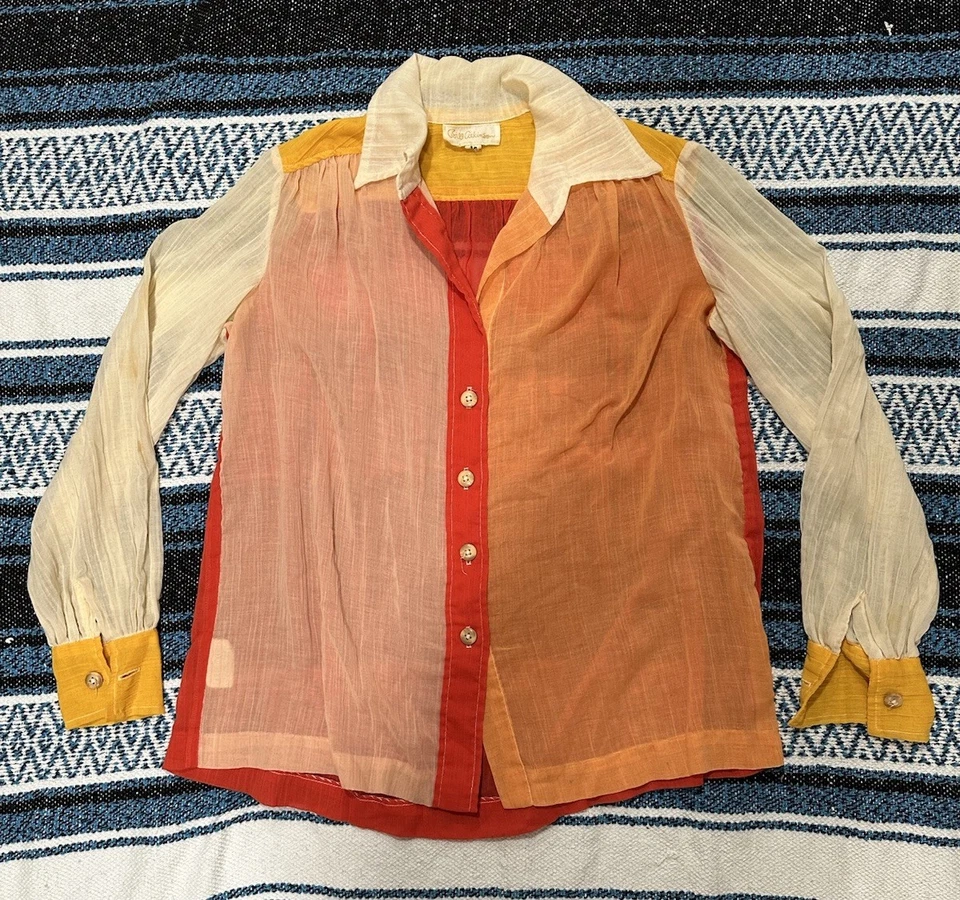 Vtg 70’s Bill Atkinson Glen Of Michigan Mod Patchwork Top Sheer Blouse Size 10 - Image 1 of 4