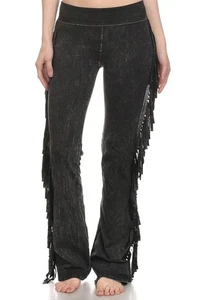 T Party Women's Side Fringe Flared Leg Black Mineral Wash Yoga Pants Size XL - Picture 1 of 10