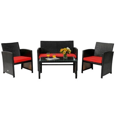 Patiojoy 4PCS Patio Rattan Furniture Set Cushioned Chair Sofa Coffee Table Red - Image 1 of 4