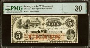 PENNSYLVANIA Williamsport 1863, Union Civil War 3c Borough Currency Banknote PMG - Picture 1 of 4