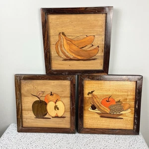 3er Set Vintage Holz Intarsien Obst Bilder Wandbehang rustikal primitiv - Bild 1 von 10