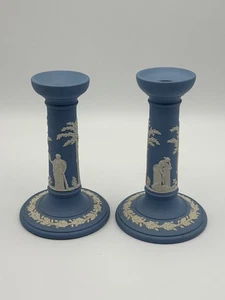 Wedgwood Jasperware Paar Kerzenständer 6 1/2" blau (CT) - Bild 1 von 11