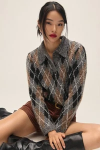 GREY LAB Womens Polo Style Wool Blend Argyle Collared Sweater Grey Multicolor *M - Picture 1 of 7