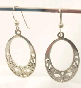 Pendientes colgantes de gancho de alambre francés de plata círculo filigrana ovalada años 90 - Imagen 1 de 2