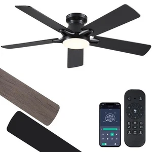 52 Inch Black Flush Mount Ceiling Fan with Dimmable LED Light, Remote/APP Con... - Picture 1 of 8