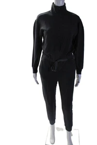 Monrow Womens Black Half Zip Tie Waist Long Sleeve Tapered Jumpsuit Size S - Picture 1 of 6