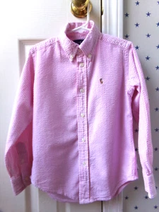 Ralph Lauren Pink Seersucker Dress Shirt Boys 5 Striped $55 Vtg POLO Button Up - Picture 1 of 24