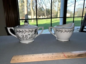 Vintage Lefton China 25th Anniversary Sugar Bowl/Creamer Lots of Silver Trim - Picture 1 of 4