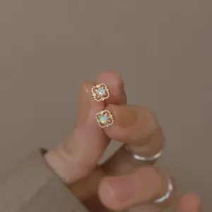 18K Gold Plated Hollow Mini Small Opal Stud Earrings for Women Jewelry Gifts - Picture 1 of 5