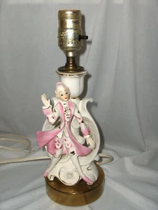  Vintage Figurine 18th Century Man Table Lamp Pink & White Waist Coat Brass Base - Picture 1 of 8