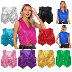 Women's Glitter Sequins Button Down Vest Pointed Hem Waistcoat Rave Dance Party - Picture 1 of 57