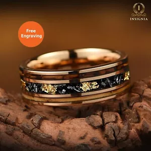 Rose Gold Wedding Ring For Men – Real Meteorite, Smoked Wood & Gold Leaf Band 8m - Picture 1 of 8