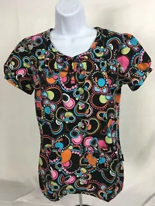 Peaches Womens Scrub Top Size S Multicolor Pockets Circles Short Sleeves Circles - Picture 1 of 16