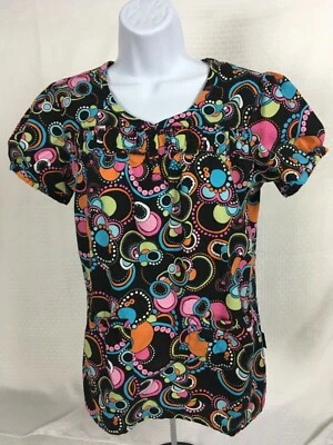 Peaches Womens Scrub Top Size S Multicolor Pockets Circles Short Sleeves Circles - Image 1 of 4