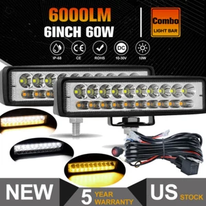 Pair 6" inch LED Work Light Bar Flood Spot Driving Fog White&Amber Lamp + Wire - Picture 1 of 12