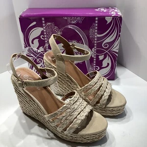 Forever Comfort Womens Espadrilles Sandals Beige Wedge Heels Ankle Strap 10M New - Picture 1 of 9