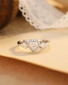 2Ct Heart Cut Simulated Diamond 3 Stones Halo Wedding Ring 14k White Gold Finish - Picture 1 of 8