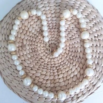 Vintage Marvella Faux Pearl Necklace with Fluted Gold Tone Beads, 18" Retro - Image 1 of 4