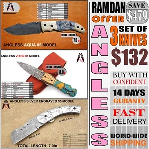 Set Of 3 Premium Angless Folding Knives Handmade Damascus #Ramzan Offer Lot 27 - Picture 1 of 18