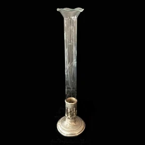Vintage Glass Flower vase Sterling Silver Base Weighted marked 'STERLING' 8 inch - Picture 1 of 8